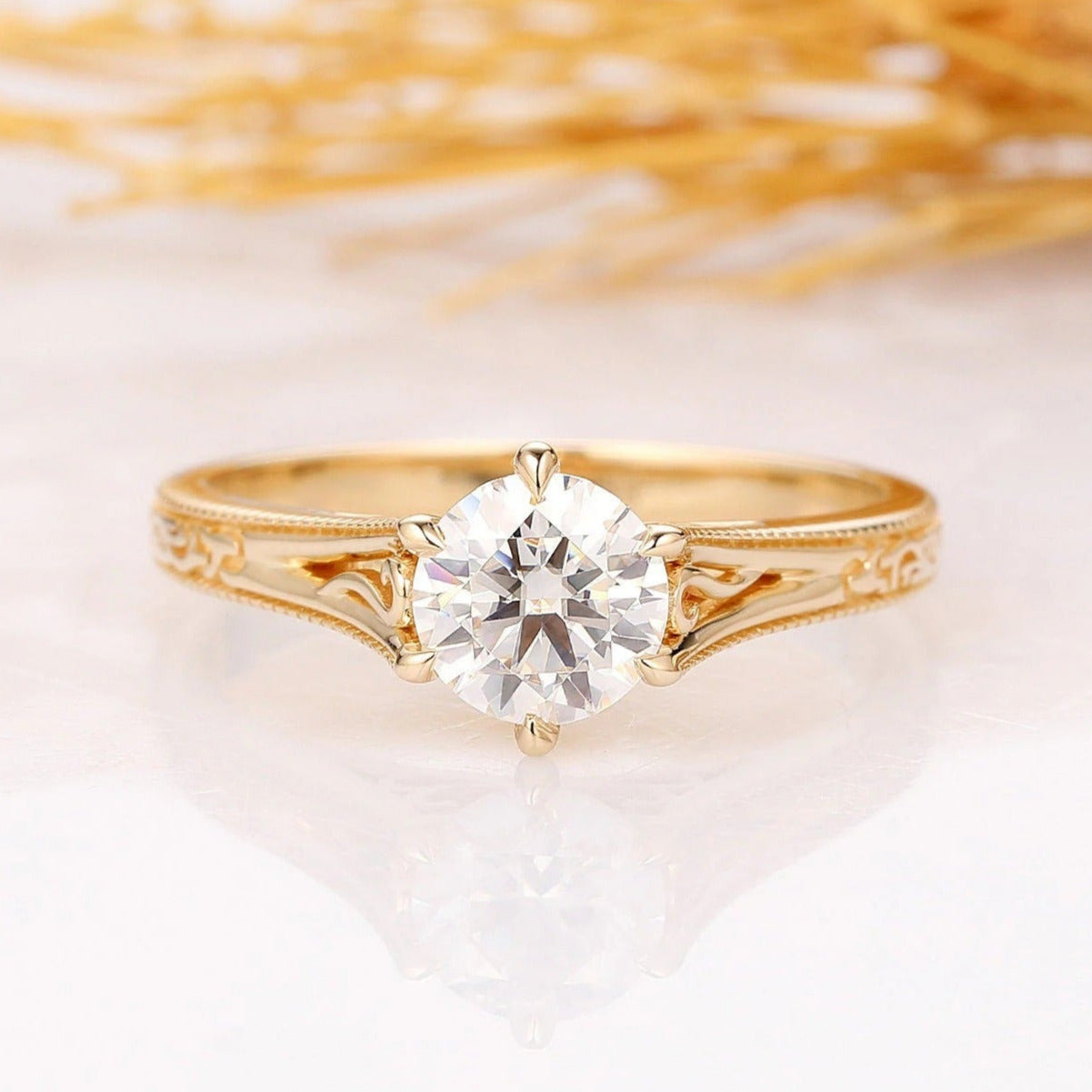 Vintage Solitaire Round Lab Grown Diamond Women Ring Filigree Style Solid Gold Engagement Ring (IGI Certified) -  Esdomera.com