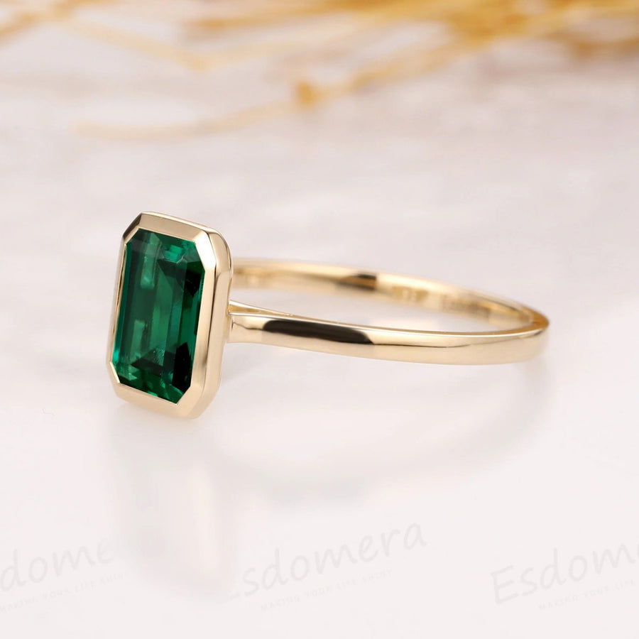 Unique May Birthstone Ring, 3CT Emerald Cut Emerald Engagement Ring, Bezel Set Emerald Anniversary Ring For Women, Vintage Solitaire Ring