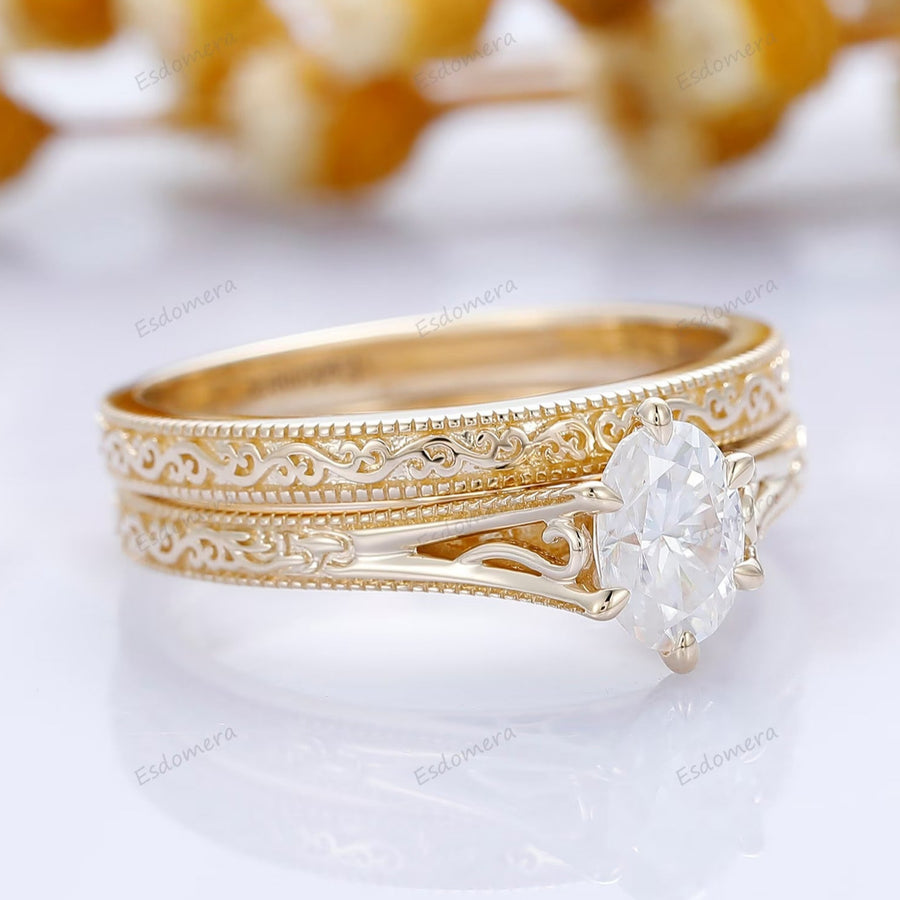 Vintage Solid 14k Gold Filigree Moissanite Ring Set 2pcs Oval 1CT Moissanite Bridal Ring Set Stacking Band