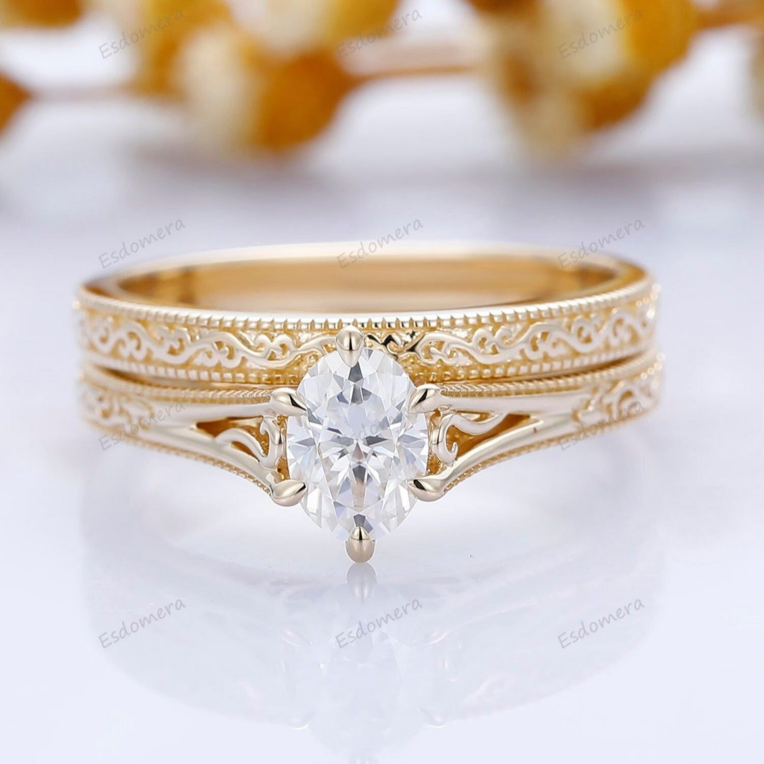 Vintage Solid 14k Gold Filigree Moissanite Ring Set 2pcs Oval 1CT Moissanite Bridal Ring Set Stacking Band -  Esdomera.com