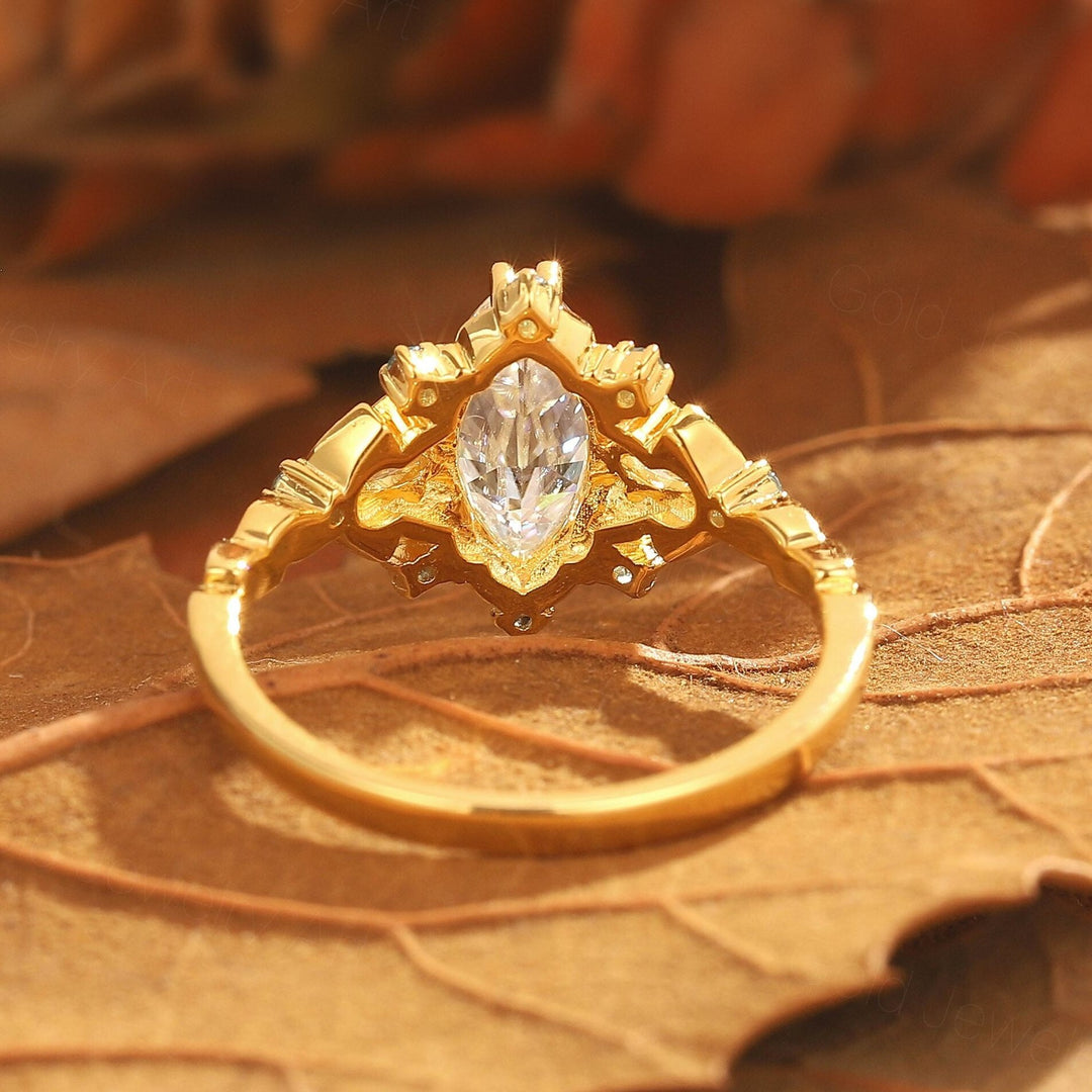 Vintage Floral Design Marquise Moissanite Engagement Ring Yellow Gold Bridal Ring For Women