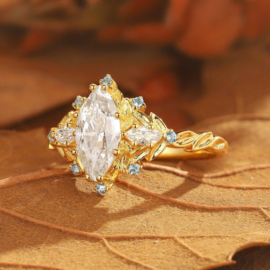 Vintage Floral Design Marquise Moissanite Engagement Ring Yellow Gold Bridal Ring For Women