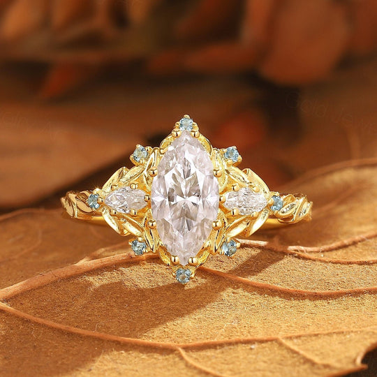 Vintage Floral Design Marquise Moissanite Engagement Ring Yellow Gold Bridal Ring For Women