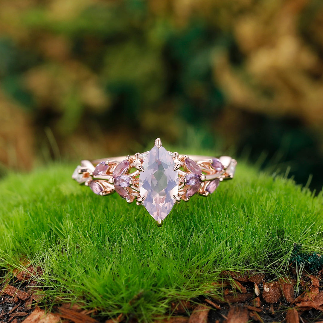 Vintage Leaf-inspired Marquise Cut Natural Lavender Amethyst Engagement Ring Sets Rose Gold Art Deco Branch Women Wedding Ring