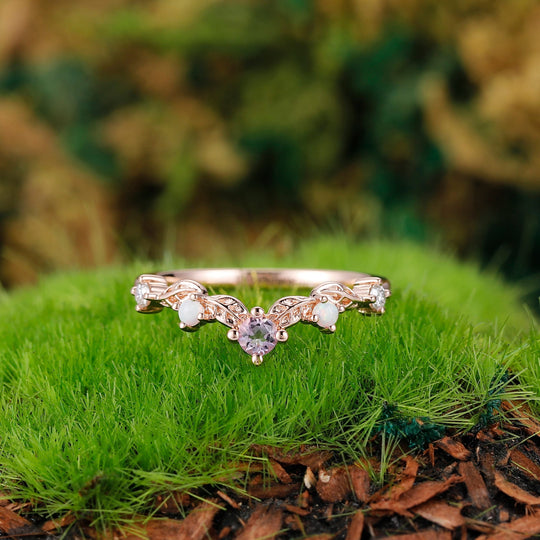 Vintage Leaf-inspired Marquise Cut Natural Lavender Amethyst Engagement Ring Sets Rose Gold Art Deco Branch Women Wedding Ring