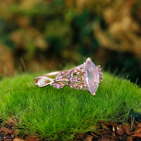 Vintage Leaf-inspired Marquise Cut Natural Lavender Amethyst Engagement Ring Sets Rose Gold Art Deco Branch Women Wedding Ring