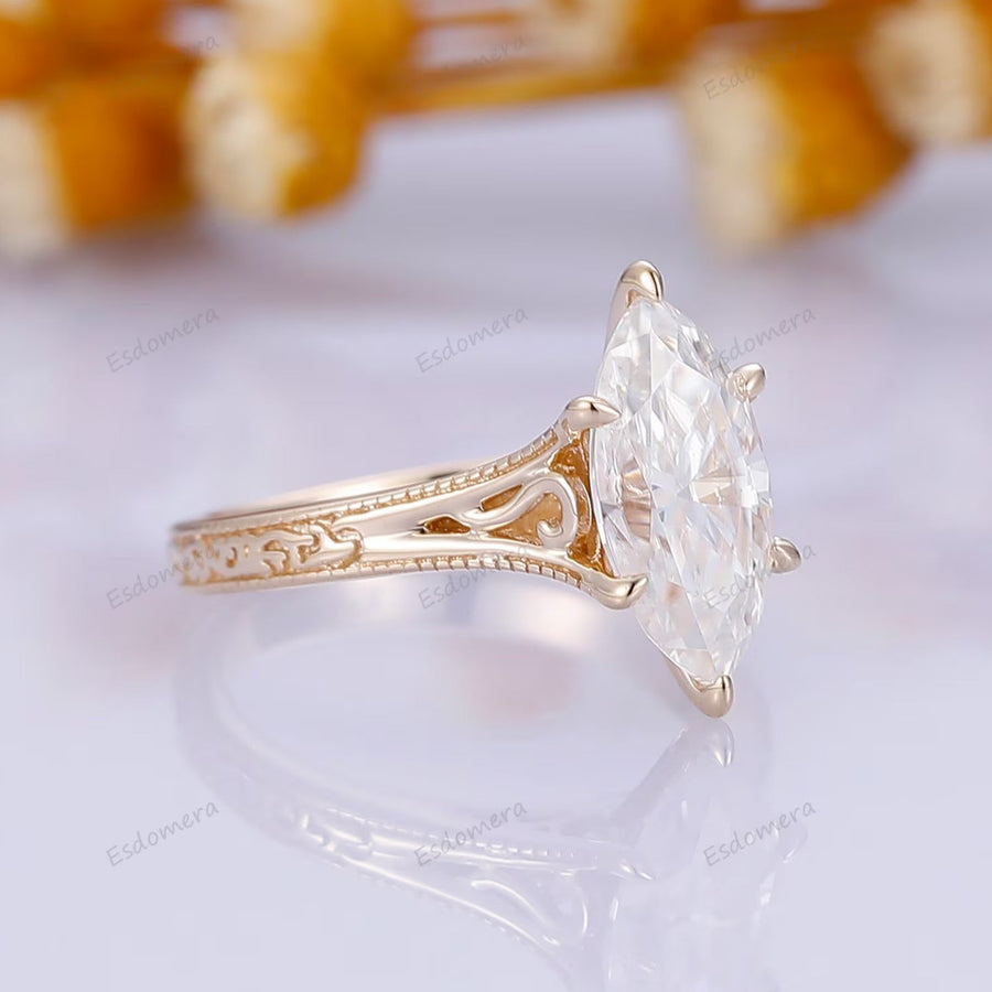 Marquise Cut Solitaire Moissanite Ring Solid Gold Filigree Wedding Ring 6 Prongs Women Ring