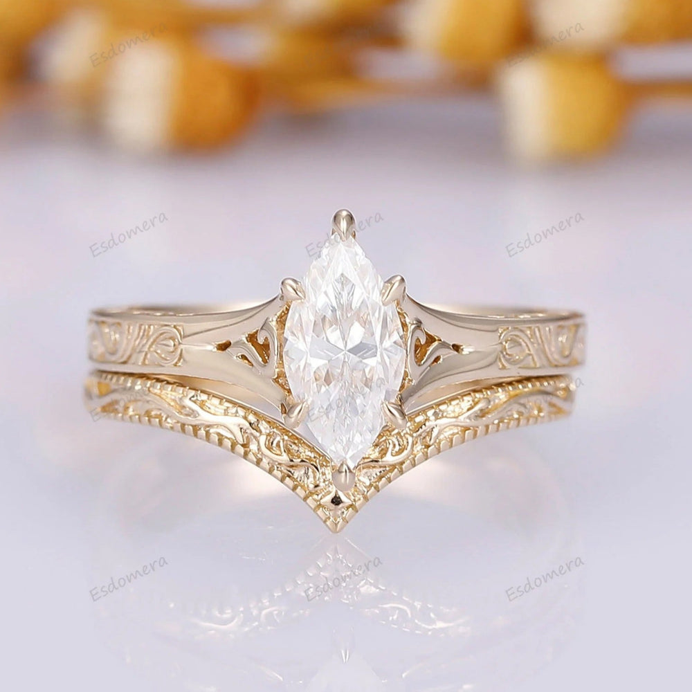 Ordine Personalizzato - Set di 2 Anelli da Matrimonio con Ali Piatte Filigrana in Argento Sterling 925 e Moissanite Taglio Marquise