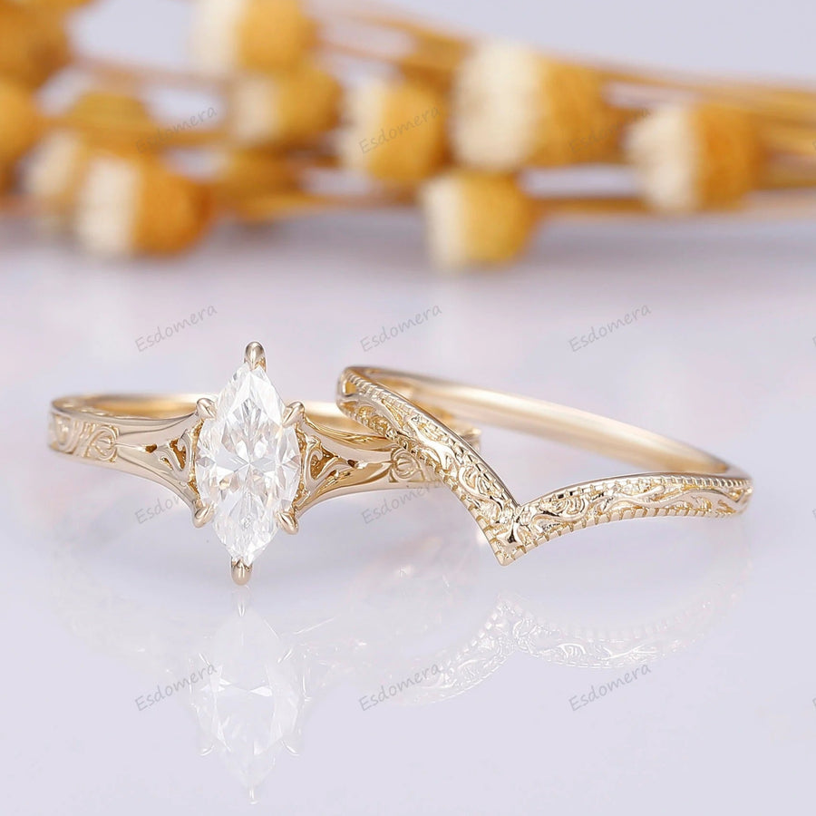 Solid Yellow Gold Filigree Flat Wings Marquise Cut Moissanite Wedding Ring Set 2pcs Engagement Ring Set