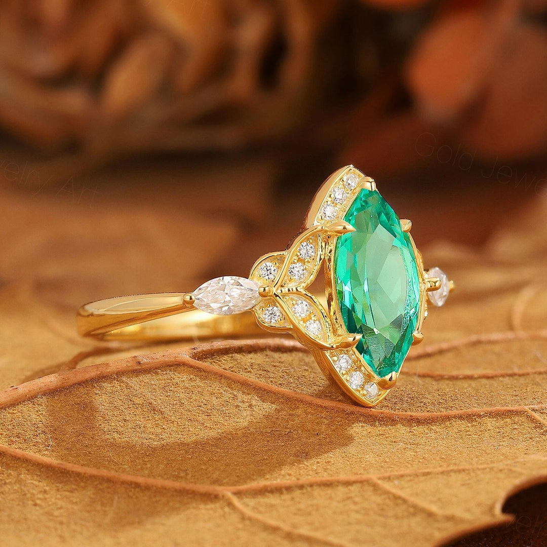 Vintage Floral Design Marquise Moissanite Engagement Ring Yellow Gold Bridal Ring For Women