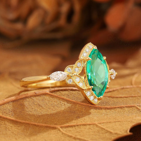 Vintage Floral Design Marquise Moissanite Engagement Ring Yellow Gold Bridal Ring For Women