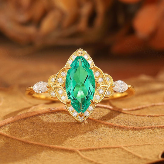 Vintage Floral Design Marquise Moissanite Engagement Ring Yellow Gold Bridal Ring For Women