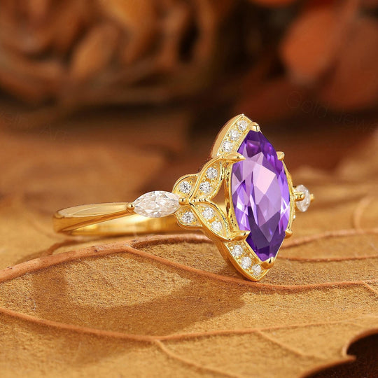 Vintage Floral Design Marquise Moissanite Engagement Ring Yellow Gold Bridal Ring For Women