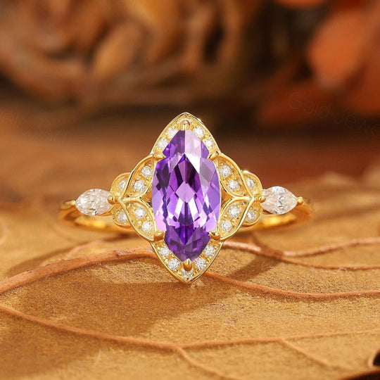 Vintage Floral Design Marquise Moissanite Engagement Ring Yellow Gold Bridal Ring For Women