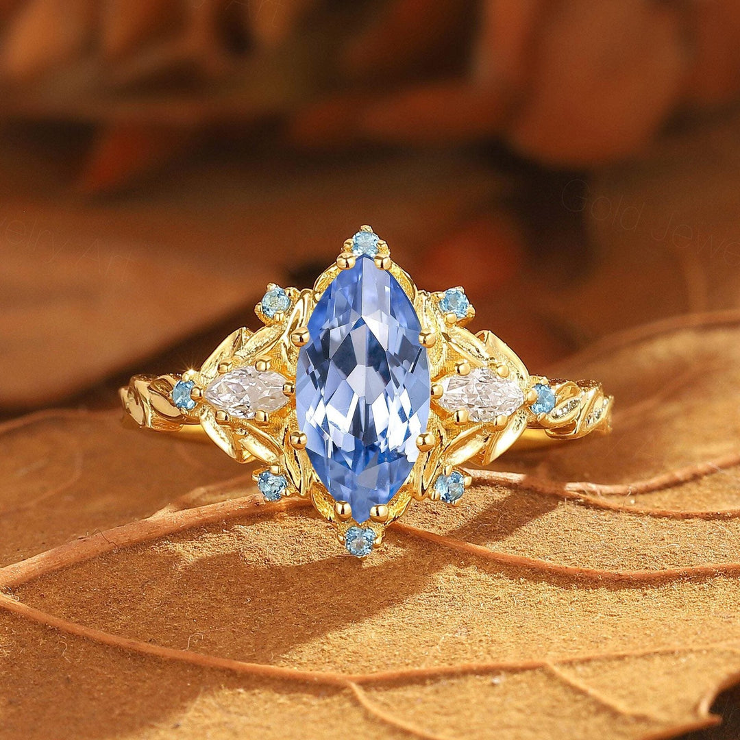 Vintage Floral Design Marquise Moissanite Engagement Ring Yellow Gold Bridal Ring For Women