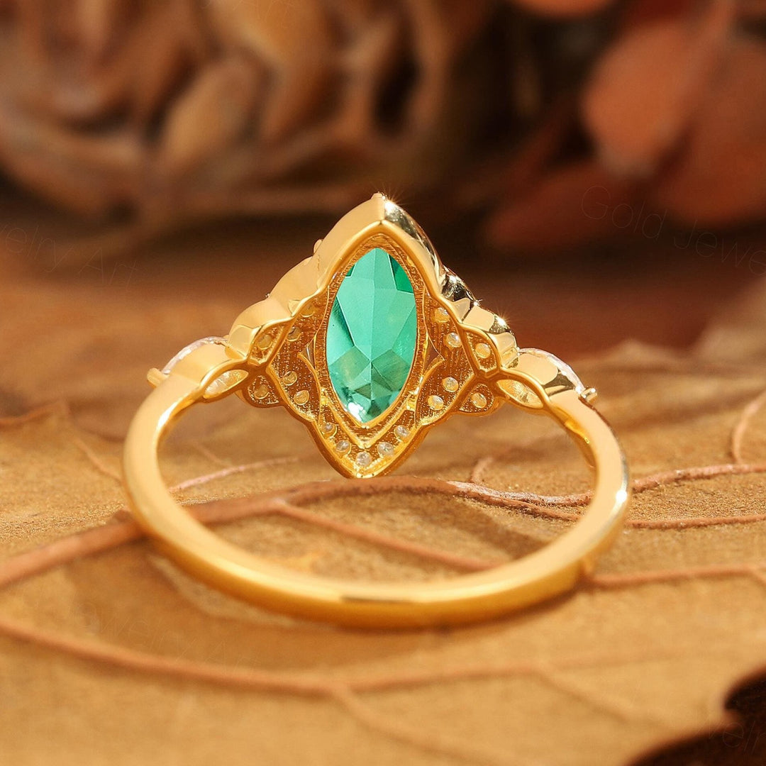 Vintage Floral Design Marquise Moissanite Engagement Ring Yellow Gold Bridal Ring For Women