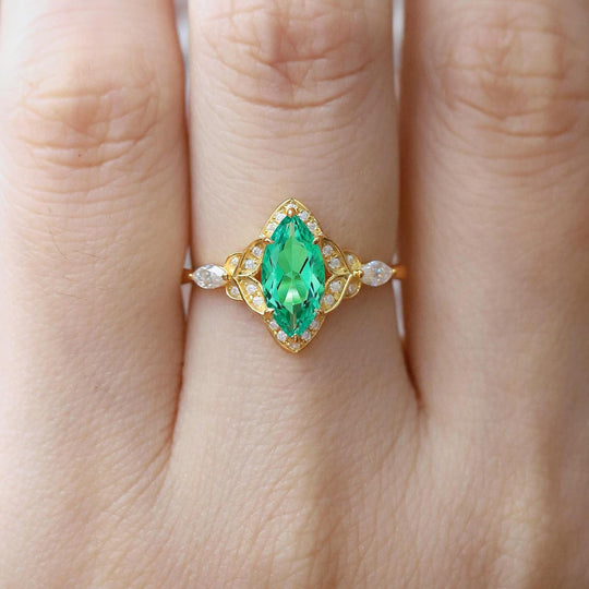 Vintage Floral Design Marquise Moissanite Engagement Ring Yellow Gold Bridal Ring For Women