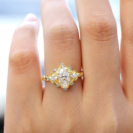 Vintage Floral Design Marquise Moissanite Engagement Ring Yellow Gold Bridal Ring For Women