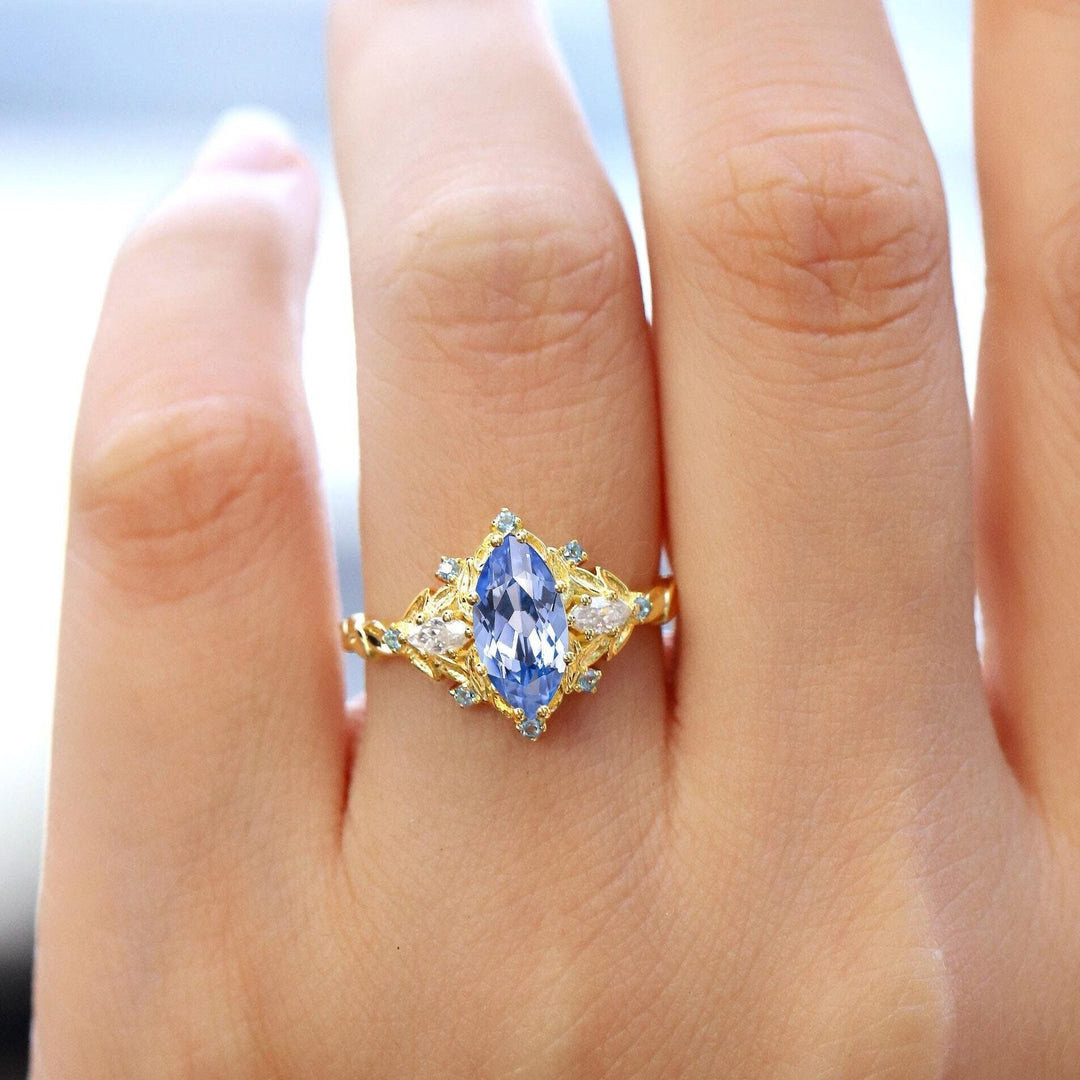 Vintage Floral Design Marquise Moissanite Engagement Ring Yellow Gold Bridal Ring For Women