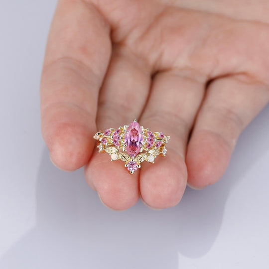 Vintage Leaf-inspired Marquise Cut Natural Lavender Amethyst Engagement Ring Sets Rose Gold Art Deco Branch Women Wedding Ring