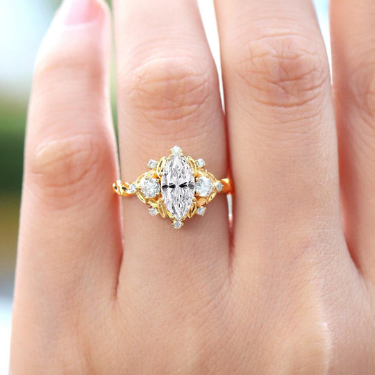 Vintage Floral Design Marquise Moissanite Engagement Ring Yellow Gold Bridal Ring For Women