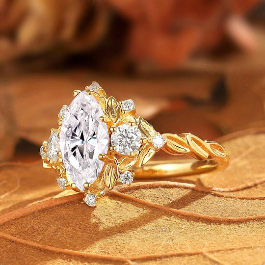 Vintage Floral Design Marquise Moissanite Engagement Ring Yellow Gold Bridal Ring For Women