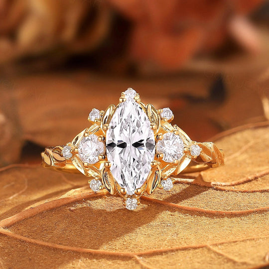 Vintage Floral Design Marquise Moissanite Engagement Ring Yellow Gold Bridal Ring For Women