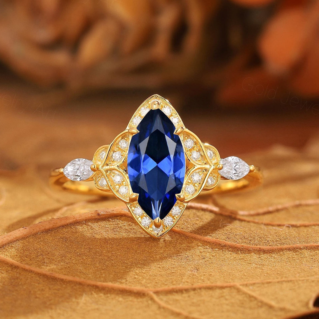 Vintage Floral Design Marquise Moissanite Engagement Ring Yellow Gold Bridal Ring For Women