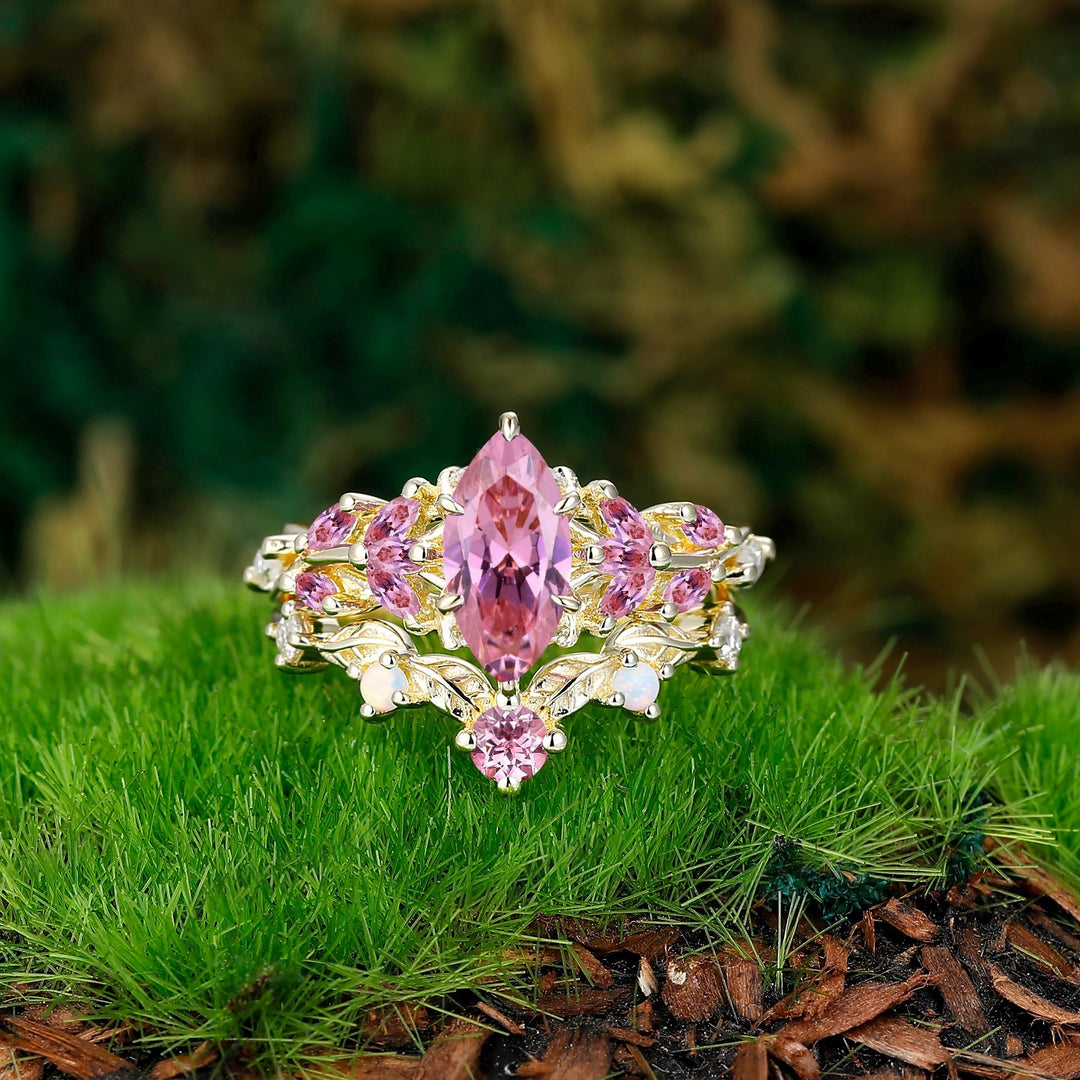 Vintage Leaf-inspired Marquise Cut Natural Lavender Amethyst Engagement Ring Sets Rose Gold Art Deco Branch Women Wedding Ring