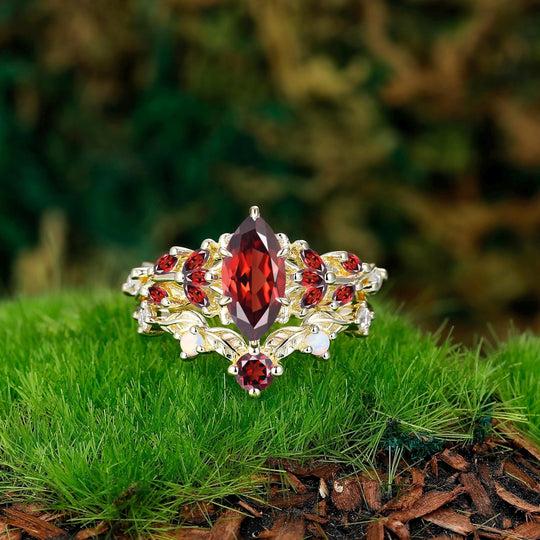 Vintage Leaf-inspired Marquise Cut Natural Lavender Amethyst Engagement Ring Sets Rose Gold Art Deco Branch Women Wedding Ring