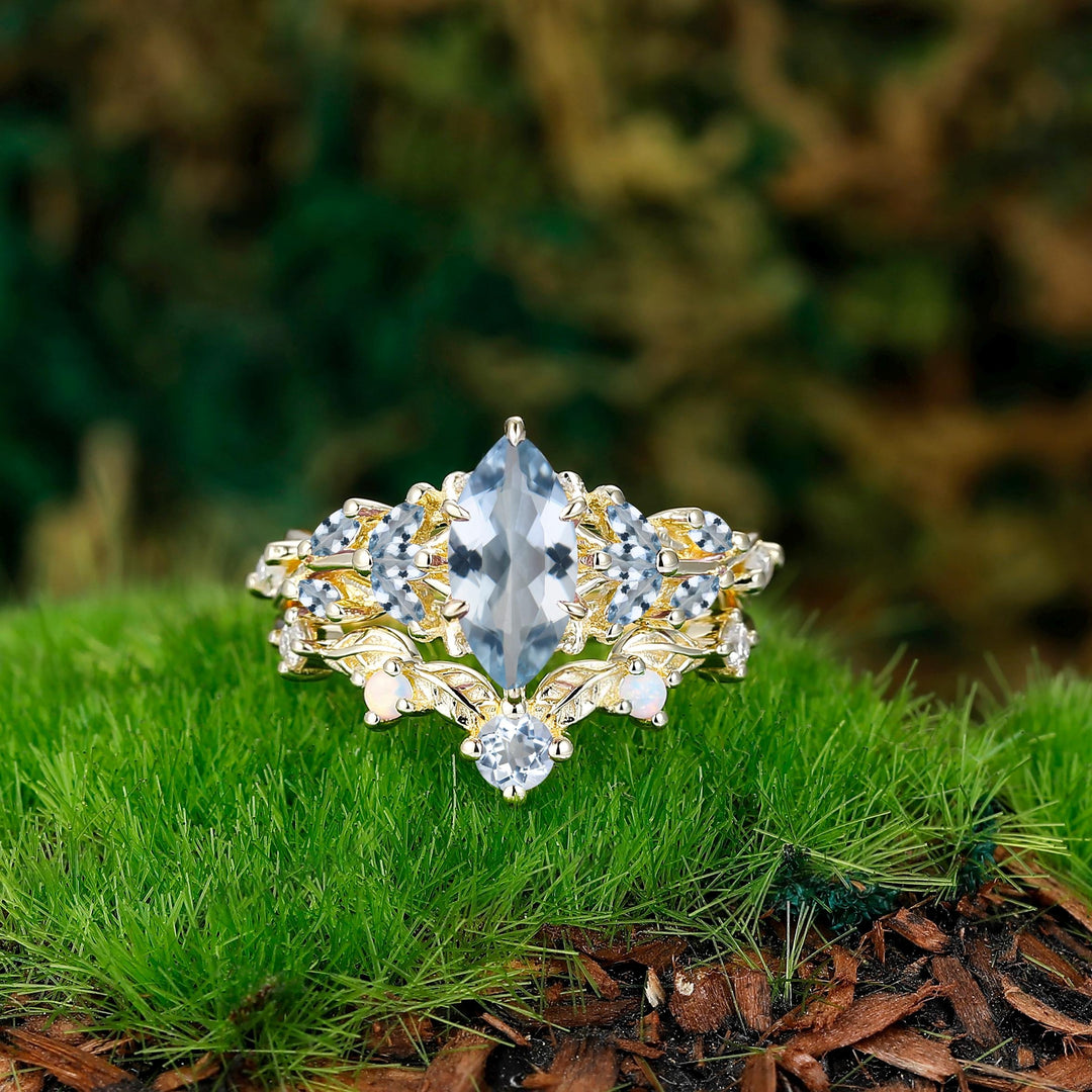 Vintage Leaf-inspired Marquise Cut Natural Lavender Amethyst Engagement Ring Sets Rose Gold Art Deco Branch Women Wedding Ring