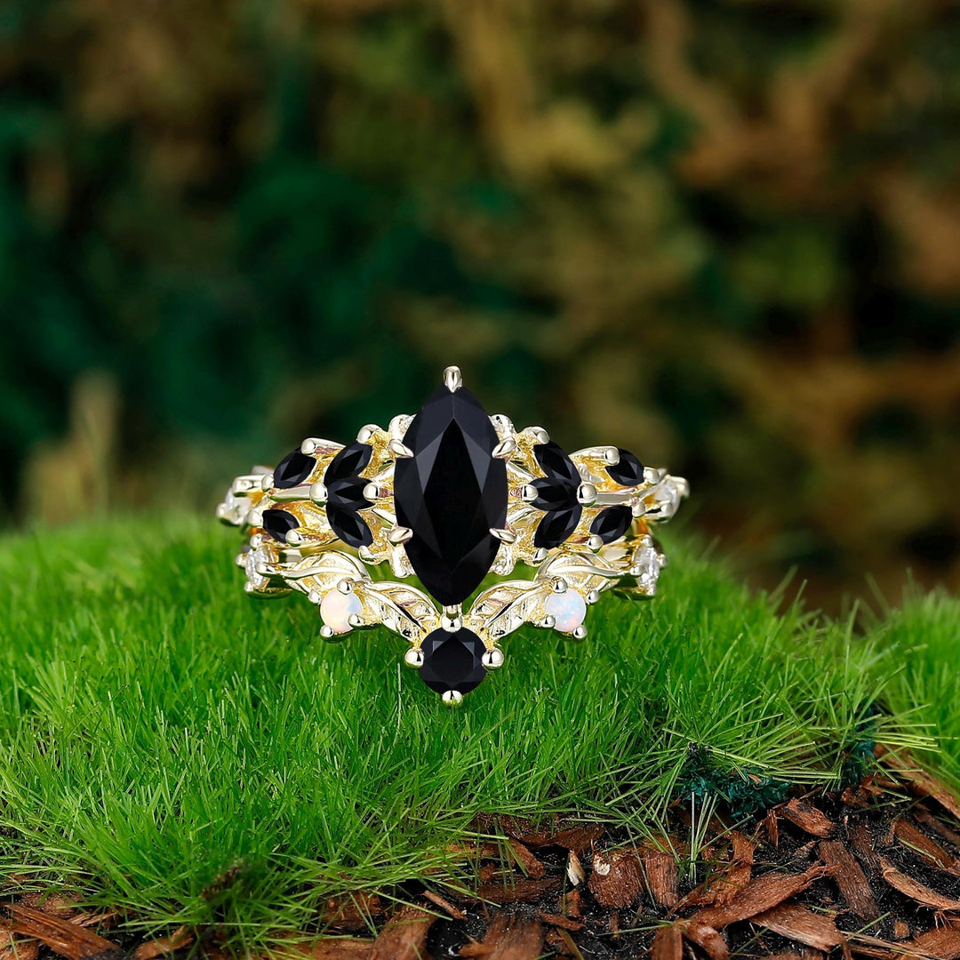 Vintage Leaf-inspired Marquise Cut Natural Lavender Amethyst Engagement Ring Sets Rose Gold Art Deco Branch Women Wedding Ring