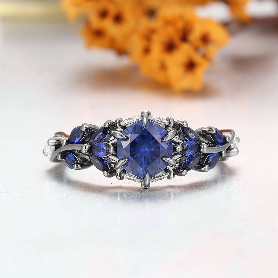 Gorgeous Curved Sapphire Stem Engagement Rings For Couples Modern Blue Tungsten Couple's Set Anniversary Wedding Band