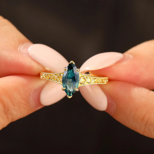 Antique Solitaire Teal Sapphire Engagement Ring Filigree Marquise Blue Green Sapphire Wedding Ring