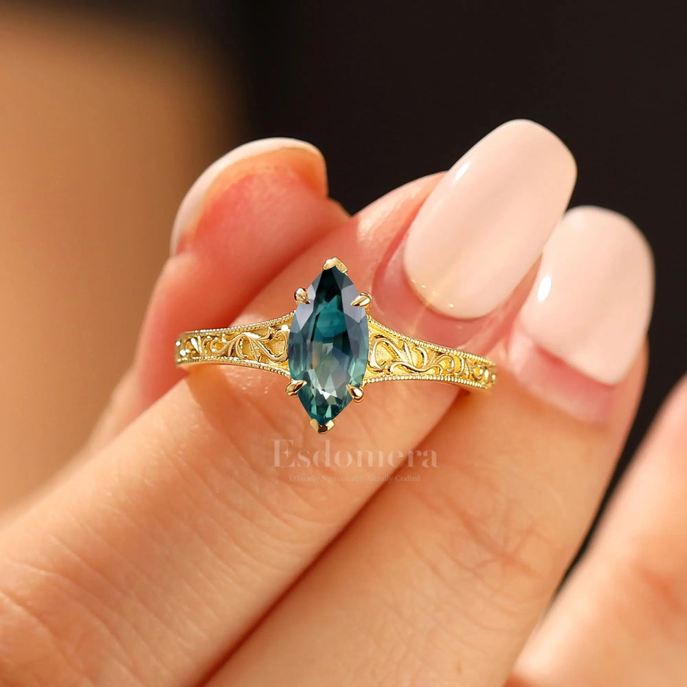 Antique Solitaire Teal Sapphire Engagement Ring Filigree Marquise Blue Green Sapphire Wedding Ring