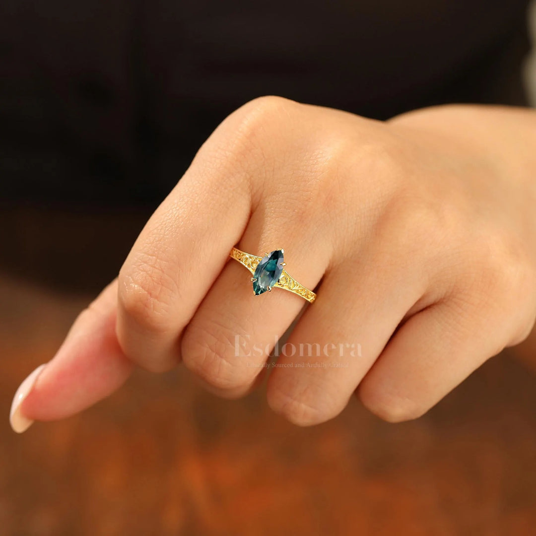 Antique Solitaire Teal Sapphire Engagement Ring Filigree Marquise Blue Green Sapphire Wedding Ring