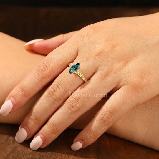 Antique Solitaire Teal Sapphire Engagement Ring Filigree Marquise Blue Green Sapphire Wedding Ring