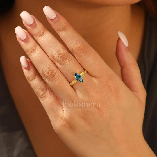 Antique Solitaire Teal Sapphire Engagement Ring Filigree Marquise Blue Green Sapphire Wedding Ring