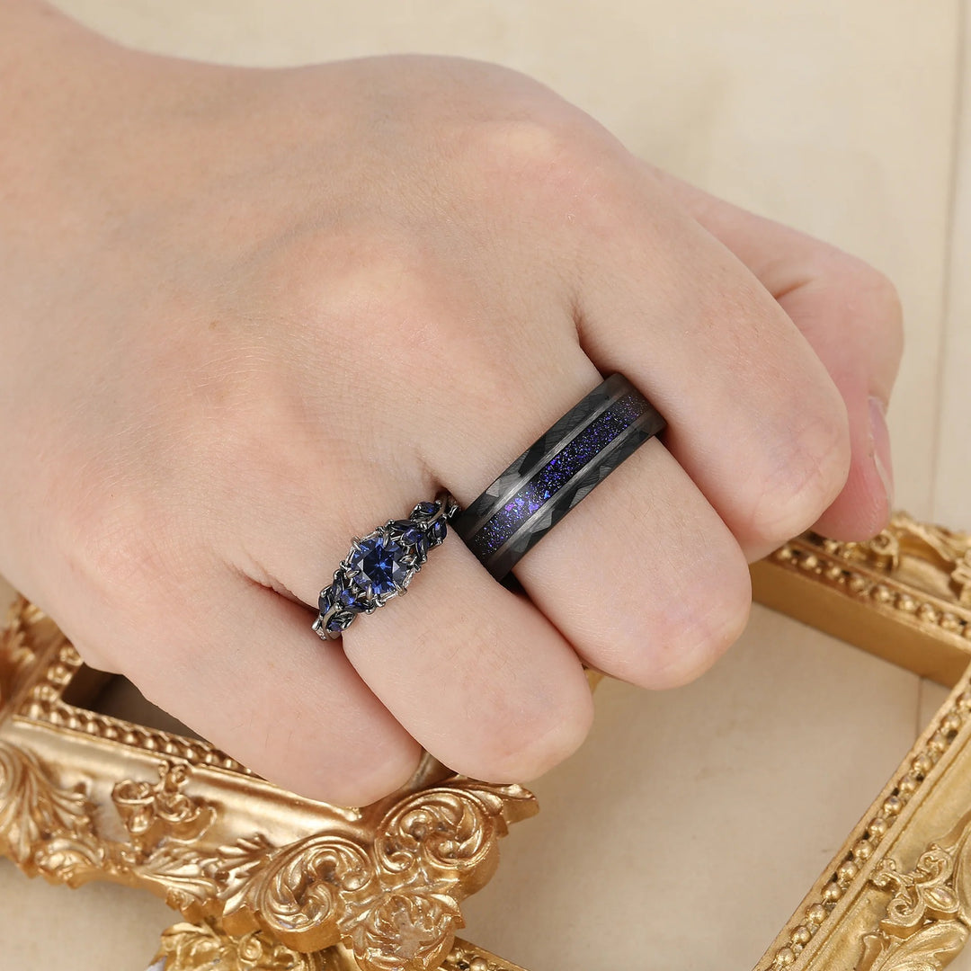 Gorgeous Curved Sapphire Stem Engagement Rings For Couples Modern Blue Tungsten Couple's Set Anniversary Wedding Band