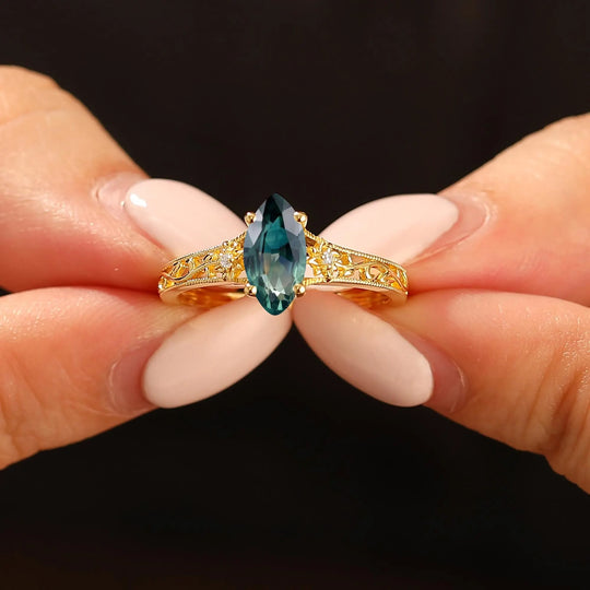 Marquise Cut Teal Sapphire Openwork Filigree Wedding Ring For Her Blue Green Sapphire Engagement Ring