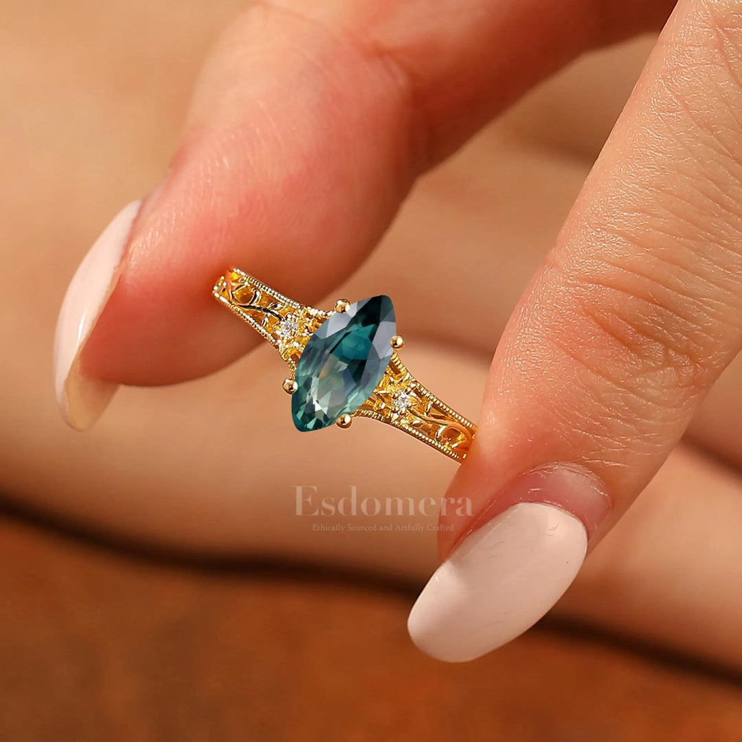 Marquise Cut Teal Sapphire Openwork Filigree Wedding Ring For Her Blue Green Sapphire Engagement Ring