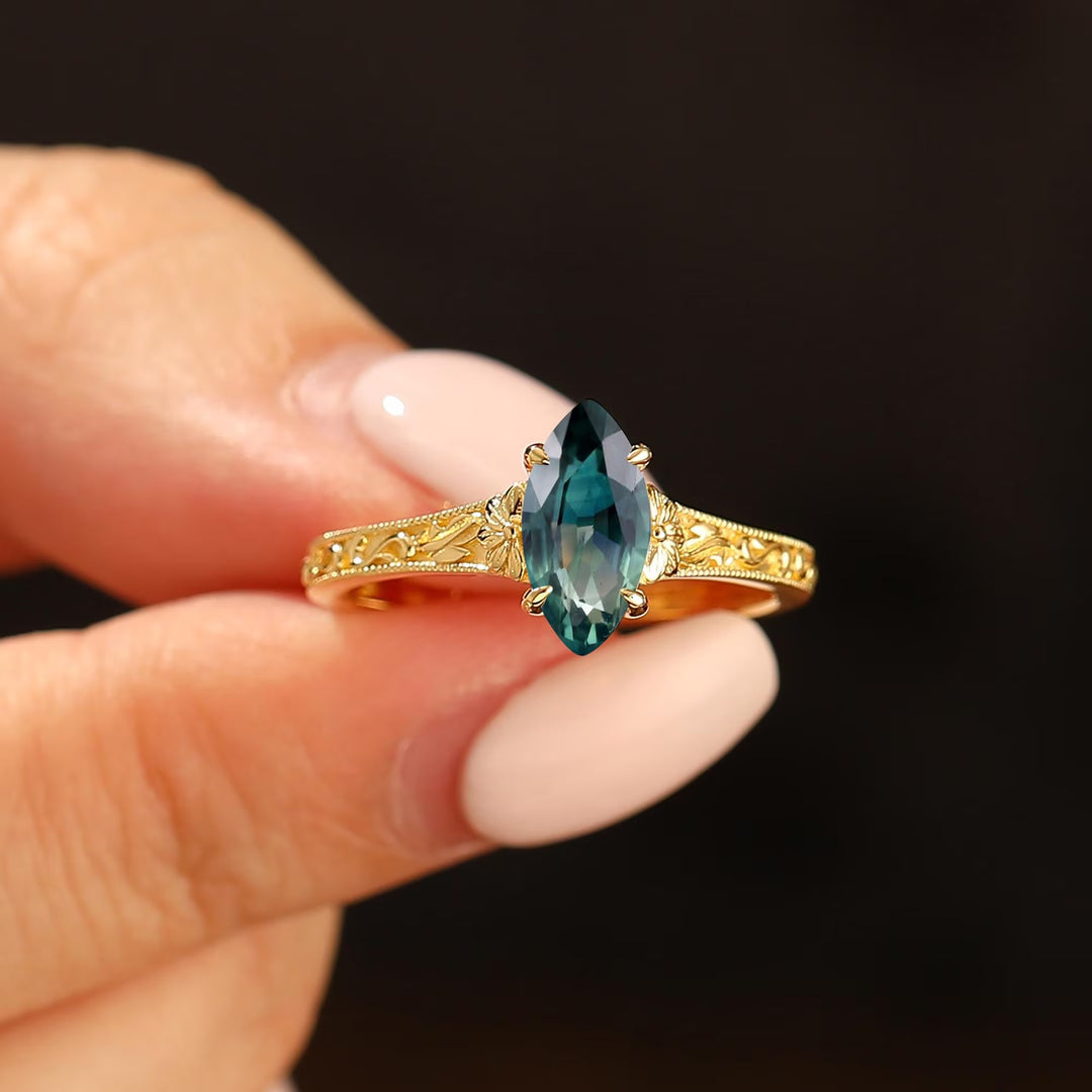 Vintage Solitaire Marquise Cut Teal Sapphire Engagement Ring Filigree Bridal Ring