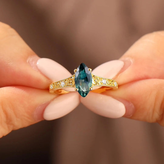 Antique Vine Flourish Marquise Teal Sapphire Engagement Ring Unique Women Ring