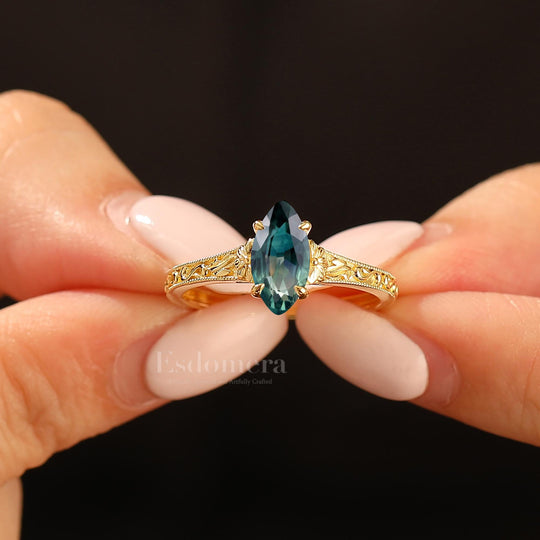Vintage Solitaire Marquise Cut Teal Sapphire Engagement Ring Filigree Bridal Ring