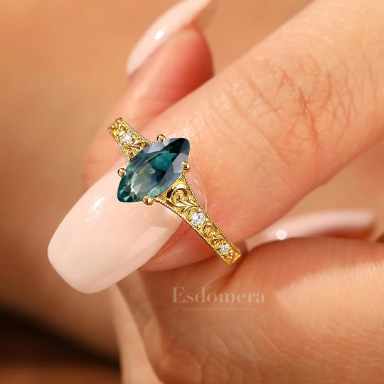 Antique Vine Flourish Marquise Teal Sapphire Engagement Ring Unique Women Ring