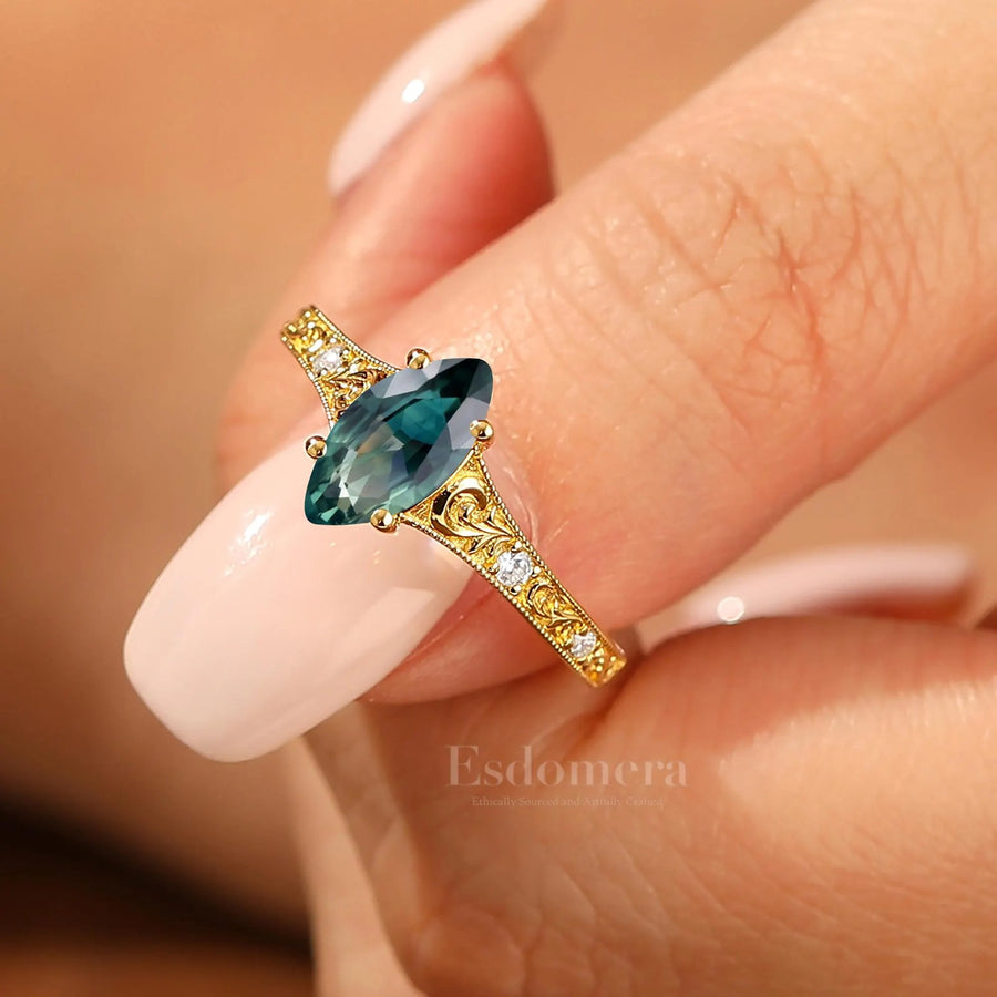 Antique Vine Flourish Marquise Teal Sapphire Engagement Ring Unique Women Ring