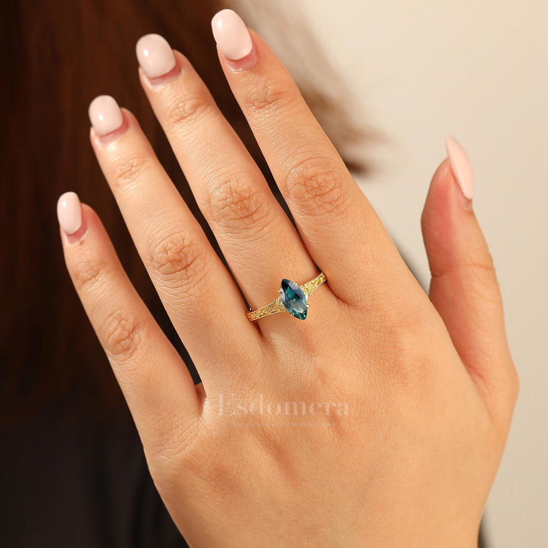 Vintage Solitaire Marquise Cut Teal Sapphire Engagement Ring Filigree Bridal Ring