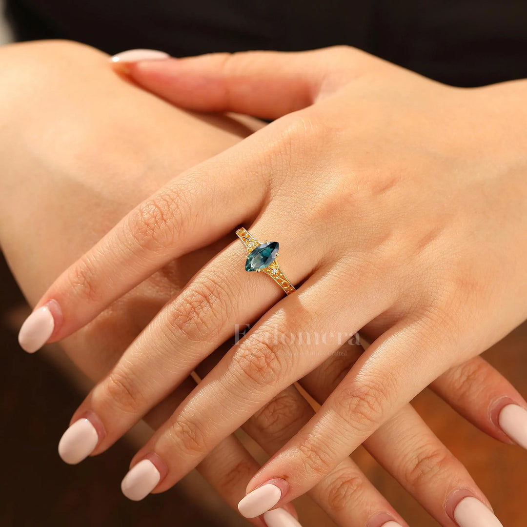 Marquise Cut Teal Sapphire Openwork Filigree Wedding Ring For Her Blue Green Sapphire Engagement Ring