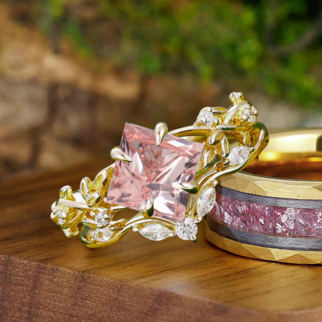 Custom Order-2CT Princess Cut Morganite Women Ring Set For 10K Gold Bridal Wedding Ring Set