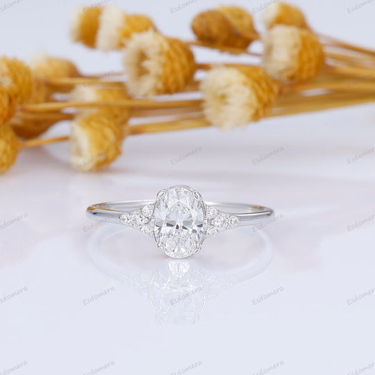 Minimalist 1CT Oval Moissanite Cluster Engagement Ring 14K White Gold Women Ring